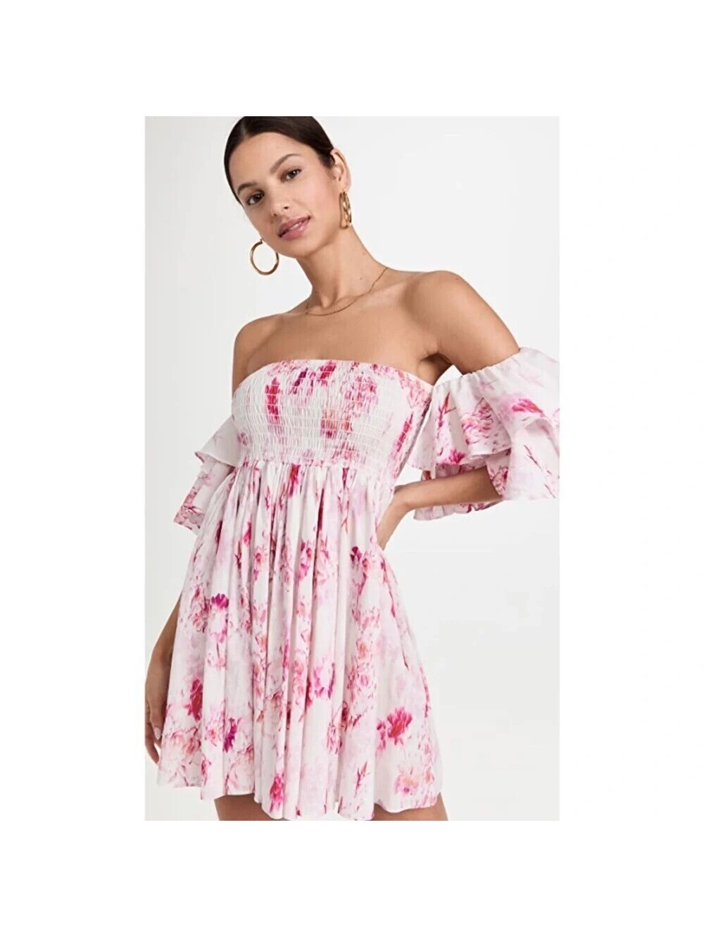 MISA Los Angeles Dina Off-The-Shoulder Smocked Mini Dress Rose Floral Size Small